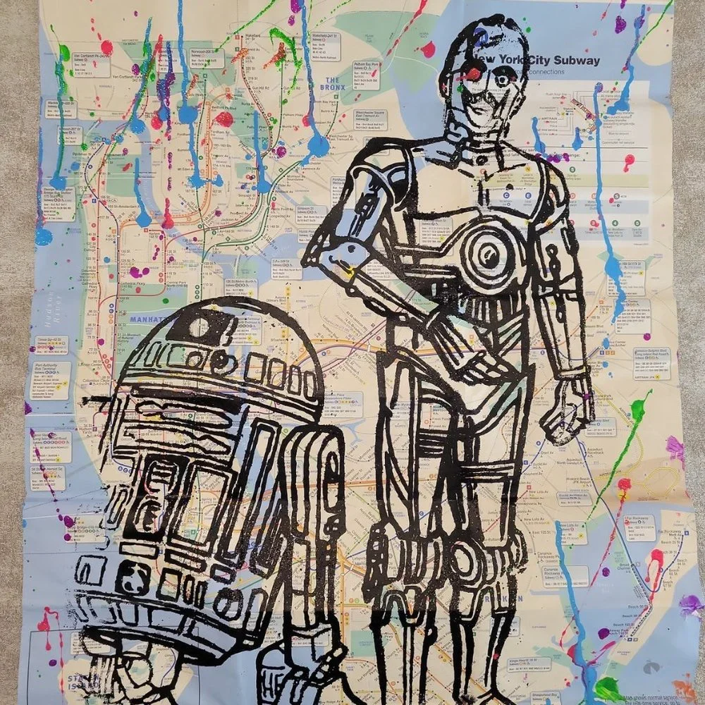 💲 SOLD 💲 Original Handpainted Star Wars Droids R2D2 & C3PO on a NYC Subway Map - Picture 6 of 7